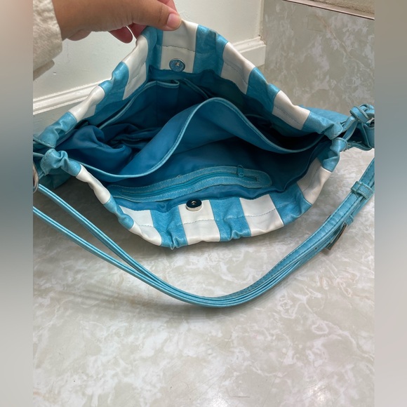 OKPTA Striped Turquoise and White Women's Bag cinches GUC rare and vintage style - Picture 3 of 13